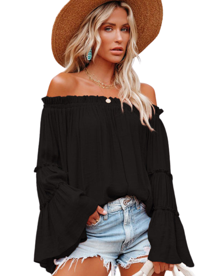 SHOPIQAT Women's Slub Cotton Women's Flared Sleeve One-Line Neck Top - Premium from shopiqat - Just $6.900! Shop now at shopiqat